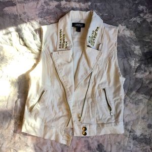 Forever 21 beige studded zipper denim biker vest